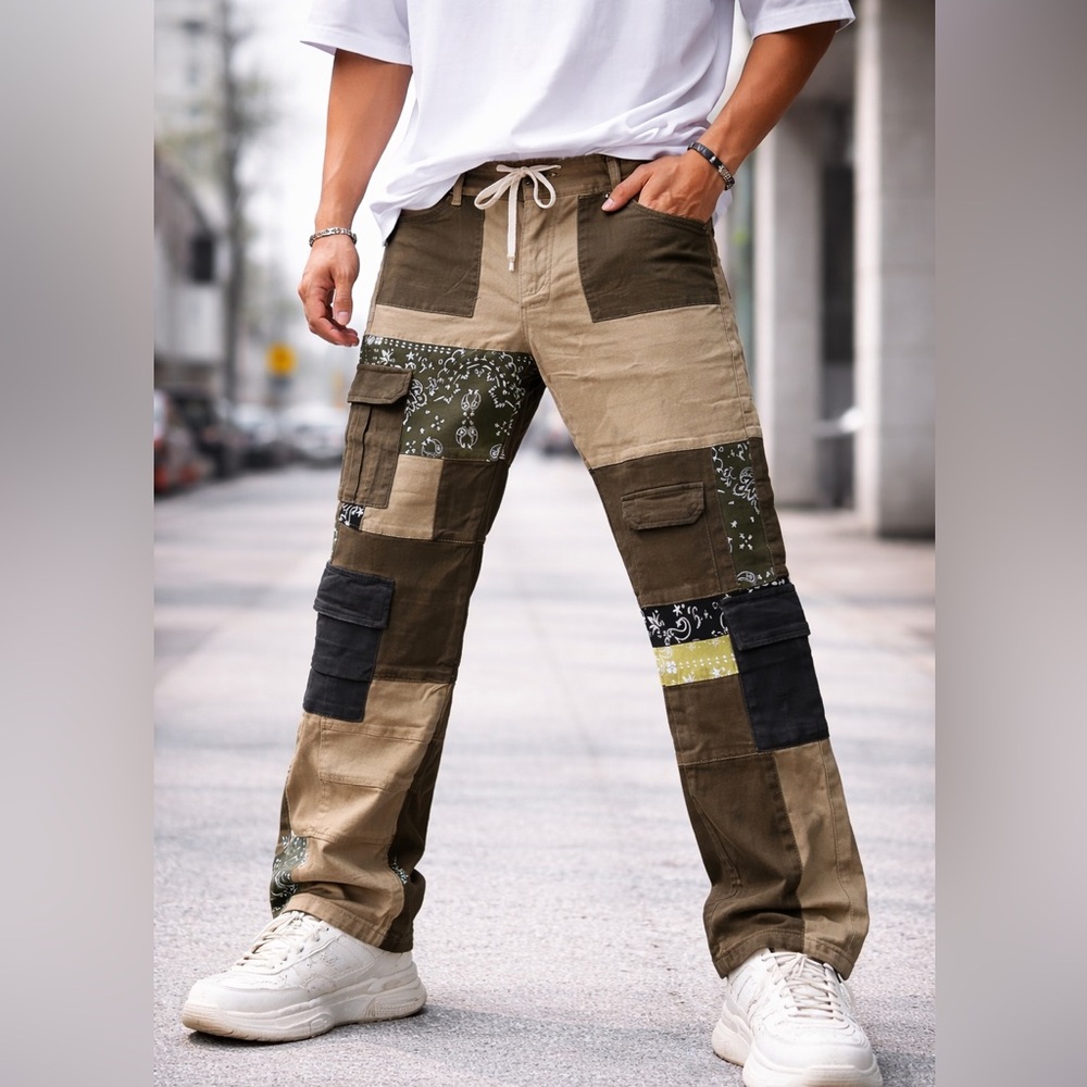 THRT men’s Herald Patchwork‎ Cargo Pants Men’s size 42 Khaki brown Olive Bandana